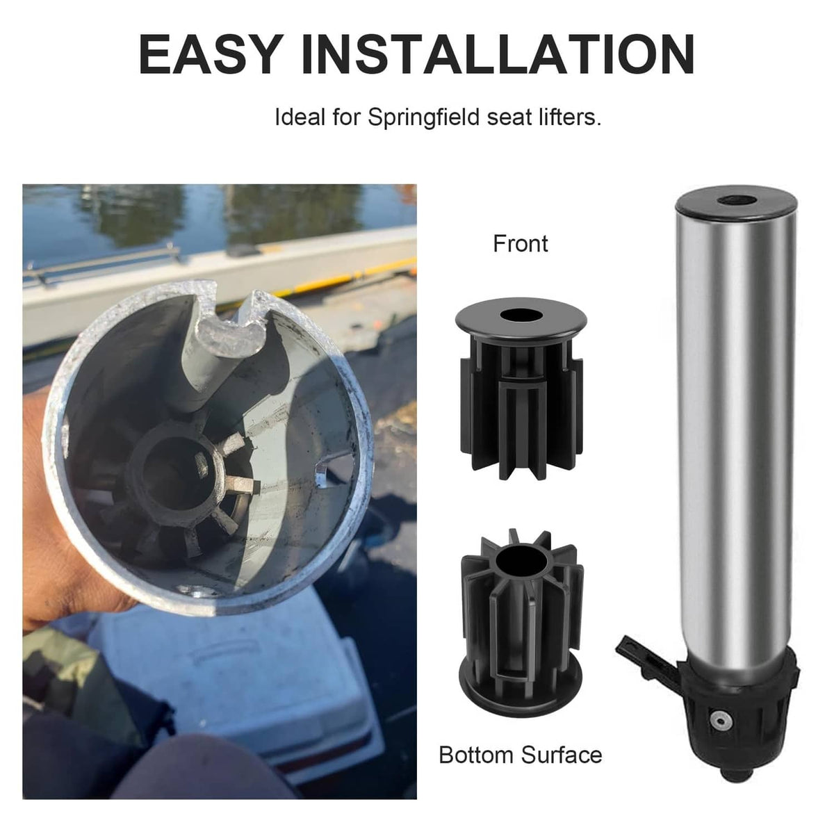Black bushing adapter with bottom ridges and top center hole, installation view