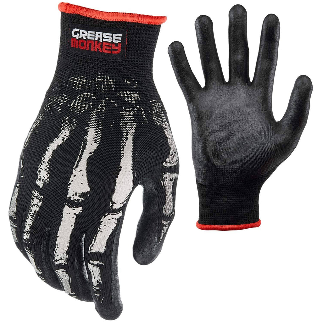 Mechanic gloves, black with white bone graphic, textured grip, red knit cuff