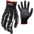 Mechanic gloves, black with white bone graphic, textured grip, red knit cuff