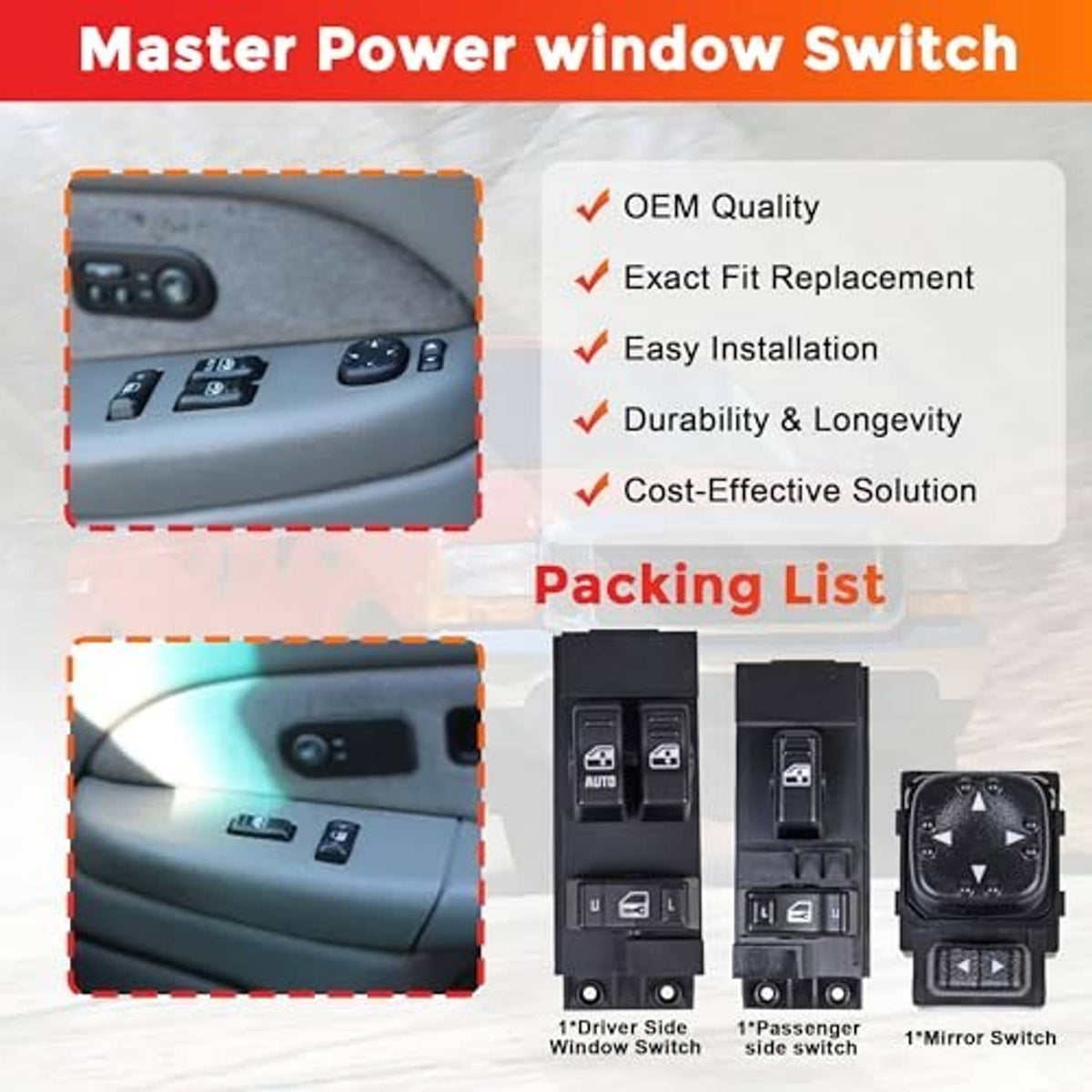Power window switch kit with driver, passenger, and mirror switch controls, black plastic.