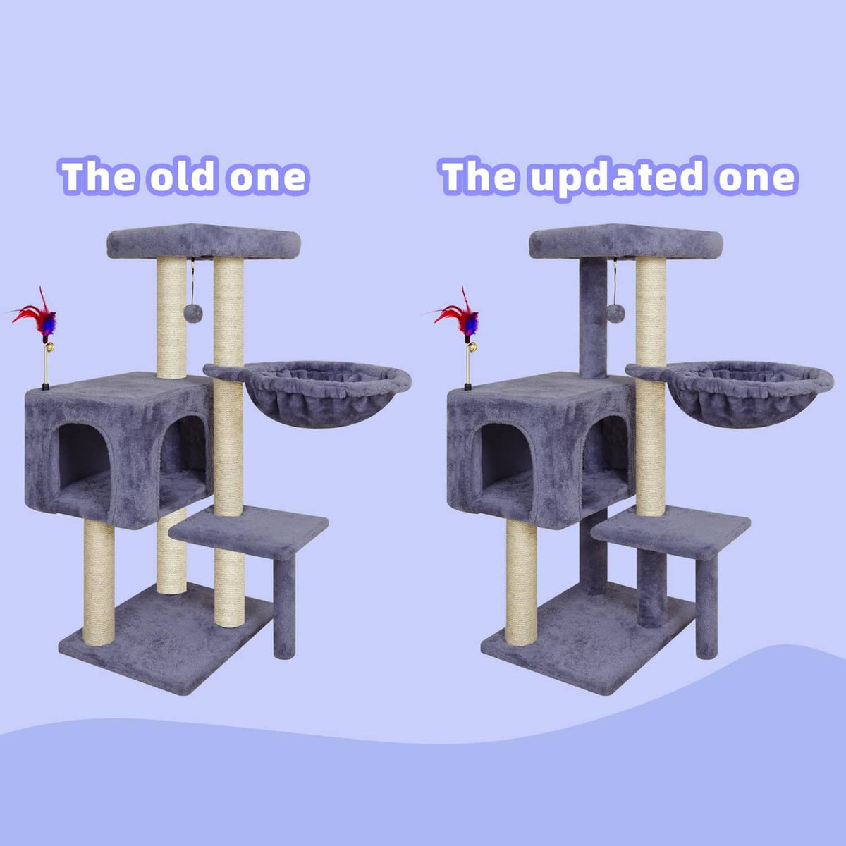 Two similar blue-gray cat tree views with enclosed condo, step, and hanging hammock