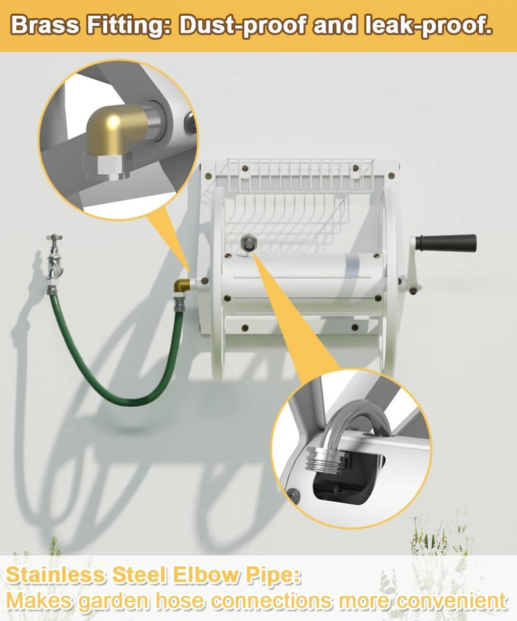 Wall-mounted hose reel with brass fitting and connected green garden hose