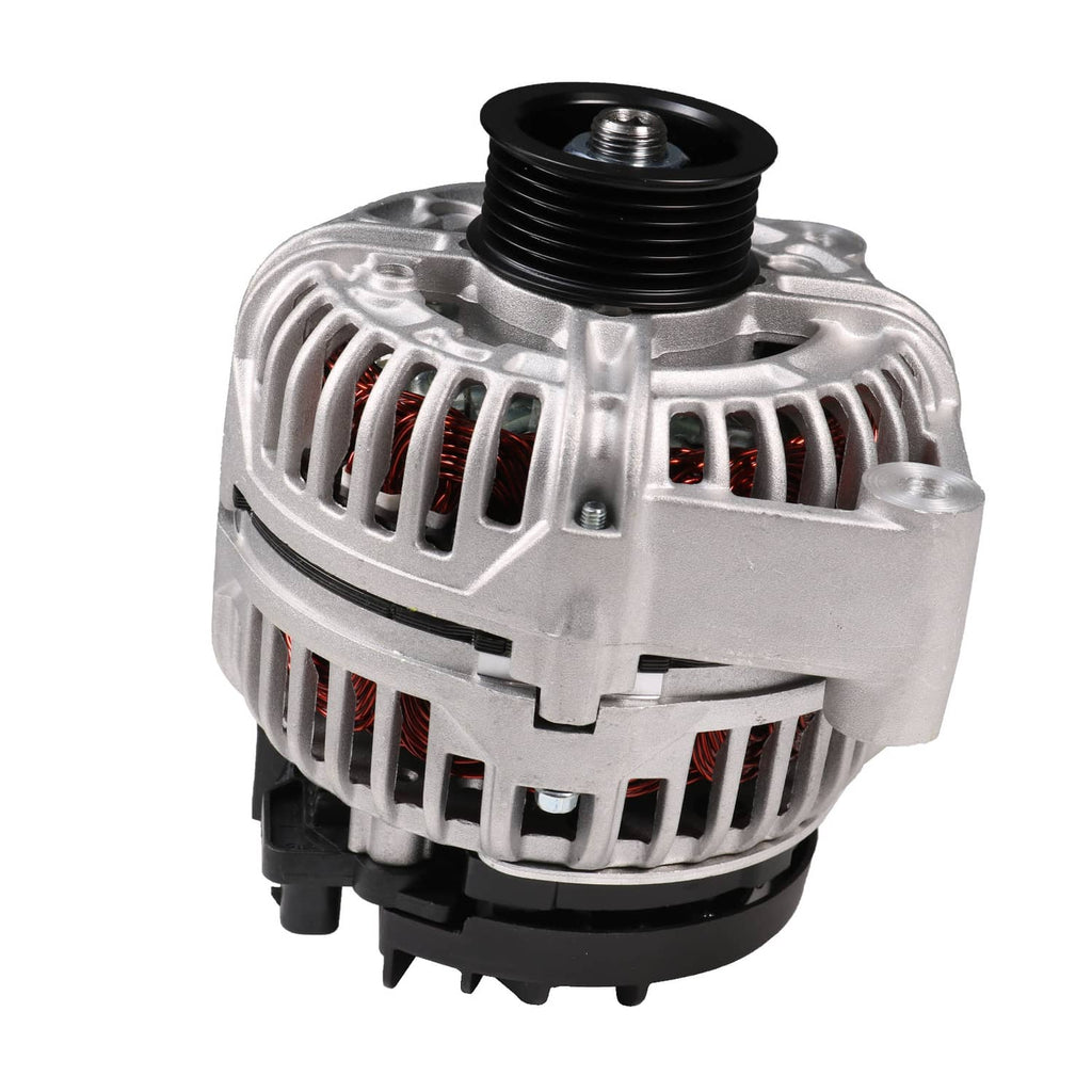 Engine alternator with black pulley and ribbed silver grille, three-quarter view
