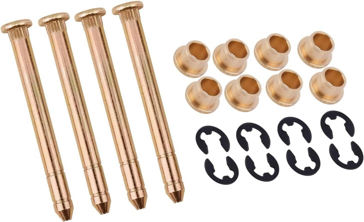 Door hinge pin set with gold pins, brass bushings, and black retaining clip shapes