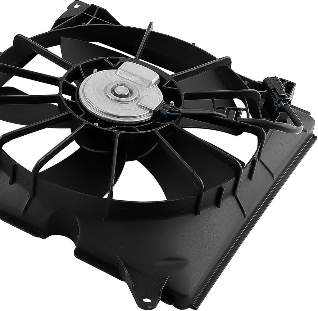 Black A/C condenser cooling fan with round motor hub and protective blade shroud