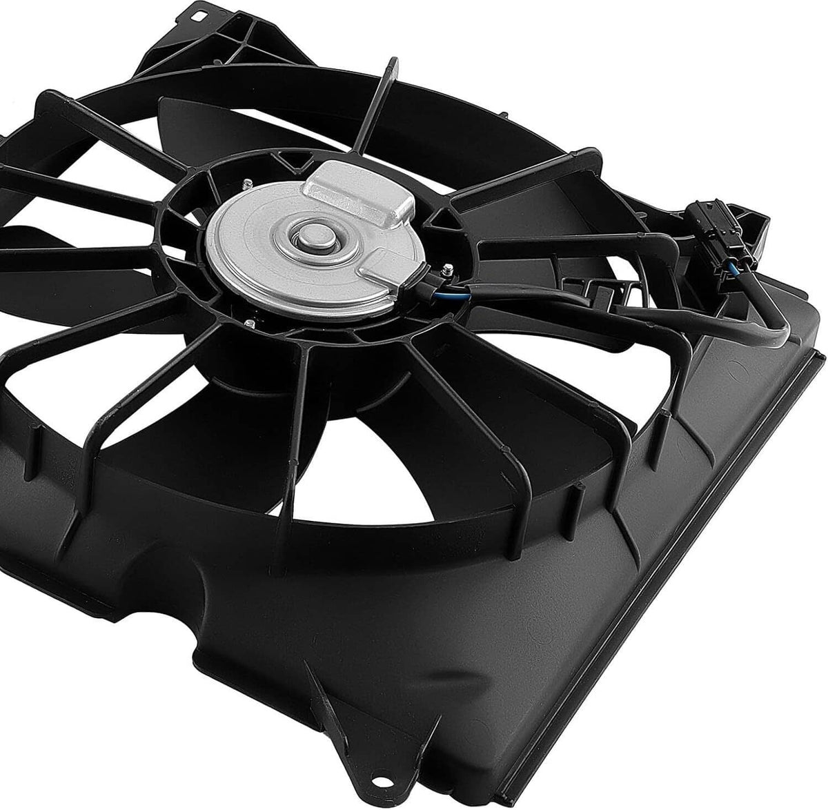Black A/C condenser cooling fan with round motor hub and protective blade shroud