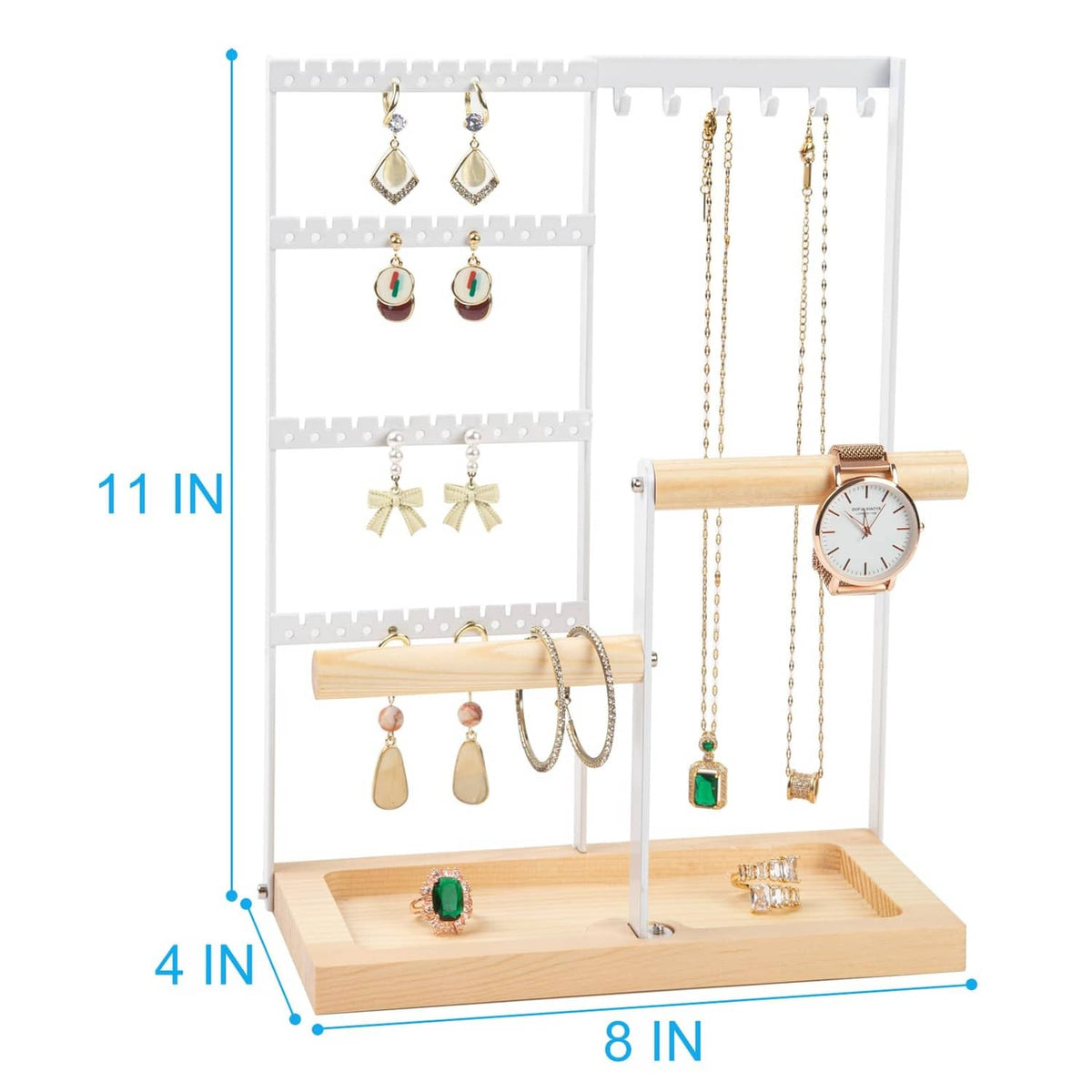 4-tier jewelry organizer stand with white frame, bamboo base and earring/necklace layout