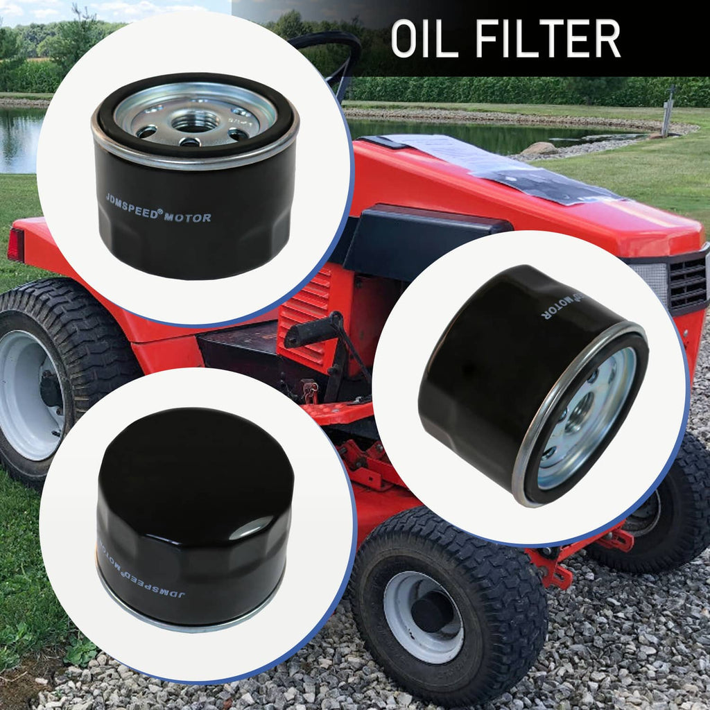 Black oil filter with silver metal top and center outlet, shown with vehicle thumbnail