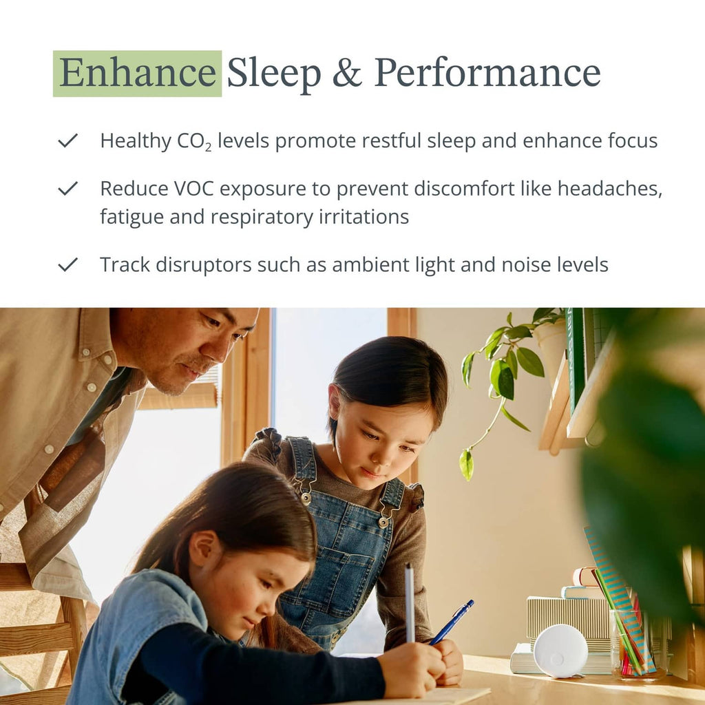 White indoor air quality monitor near children studying at a home desk