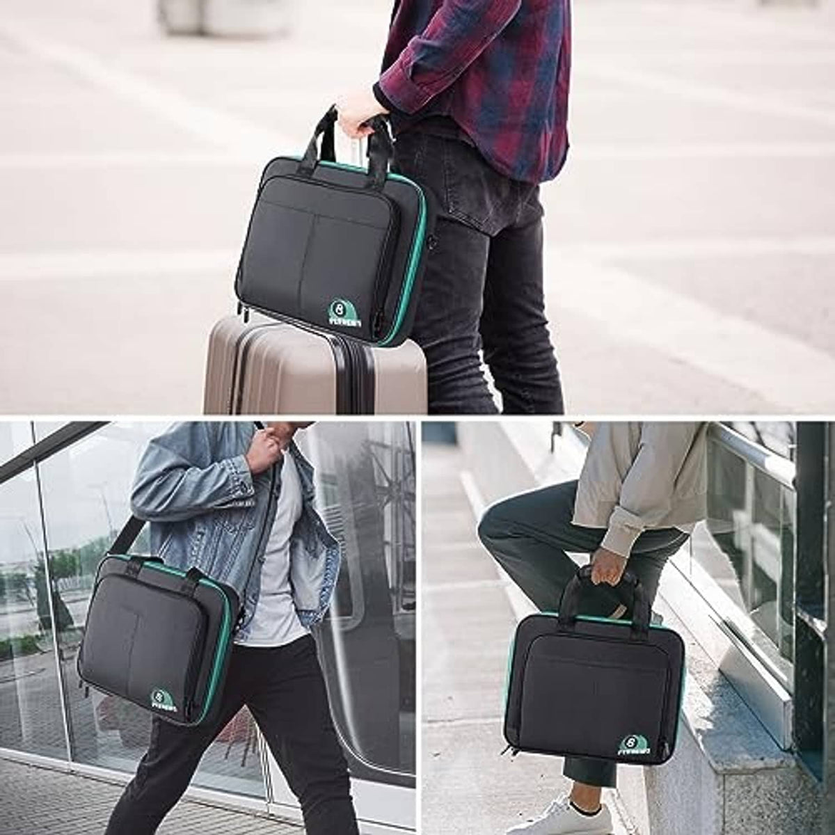 Padded billiard ball carrying case with shoulder strap, held by person near luggage