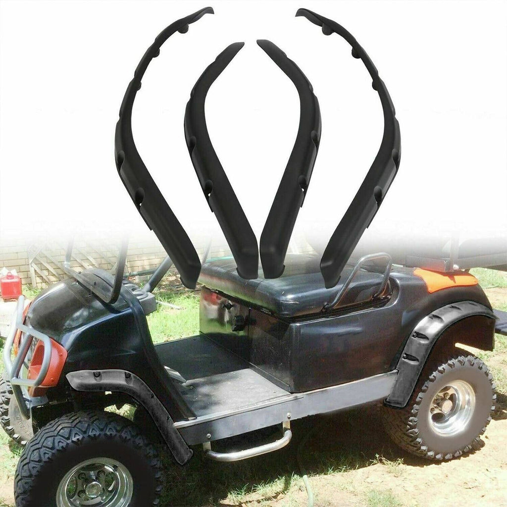 Black fender flare set installed on a golf cart, includes matching mounting hardware