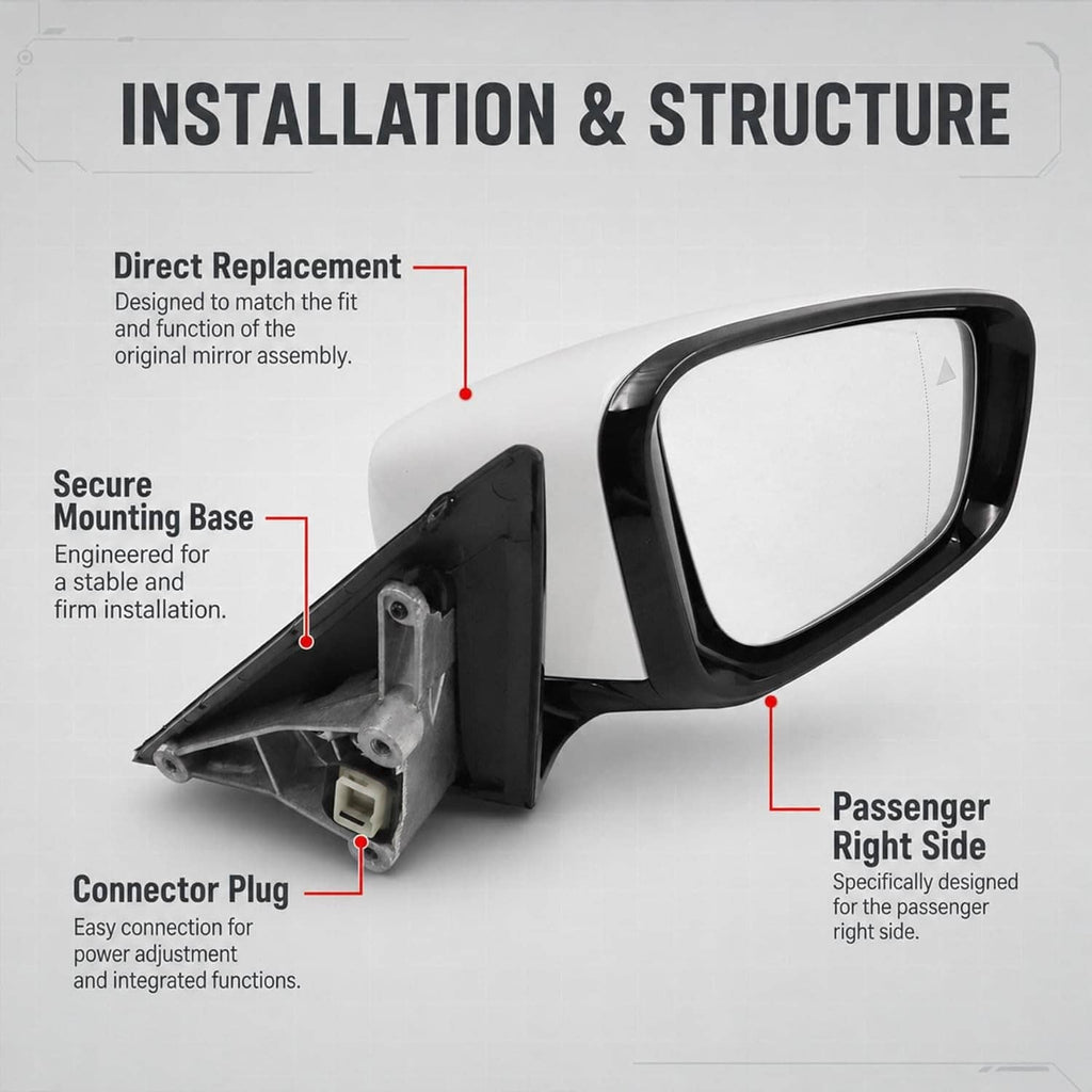 Passenger side mirror replacement bracket with white glass housing and mounting base