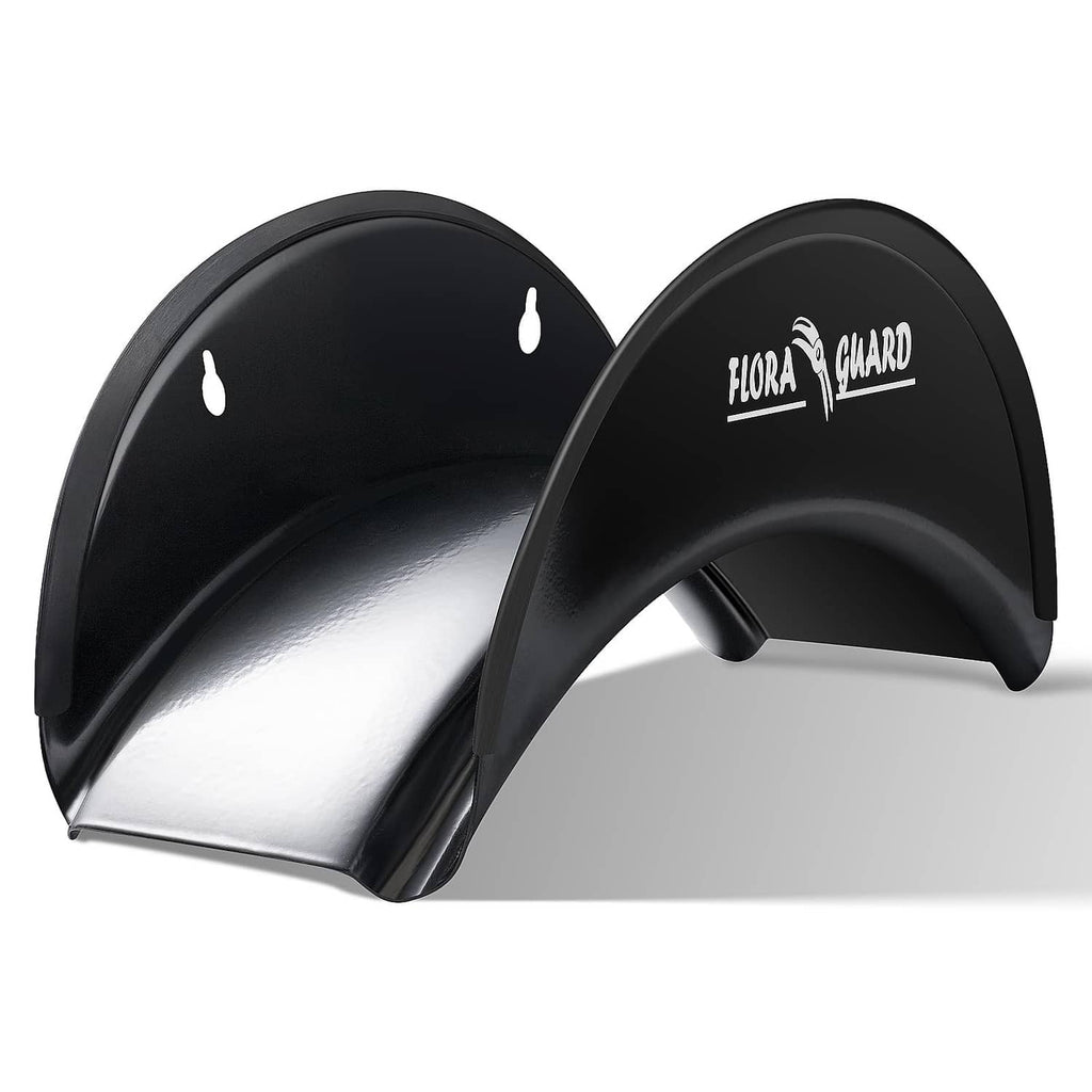 Black heavy-duty metal hose hanger with curved cradle and wall-mount brackets