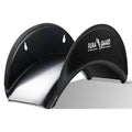 Black heavy-duty metal hose hanger with curved cradle and wall-mount brackets