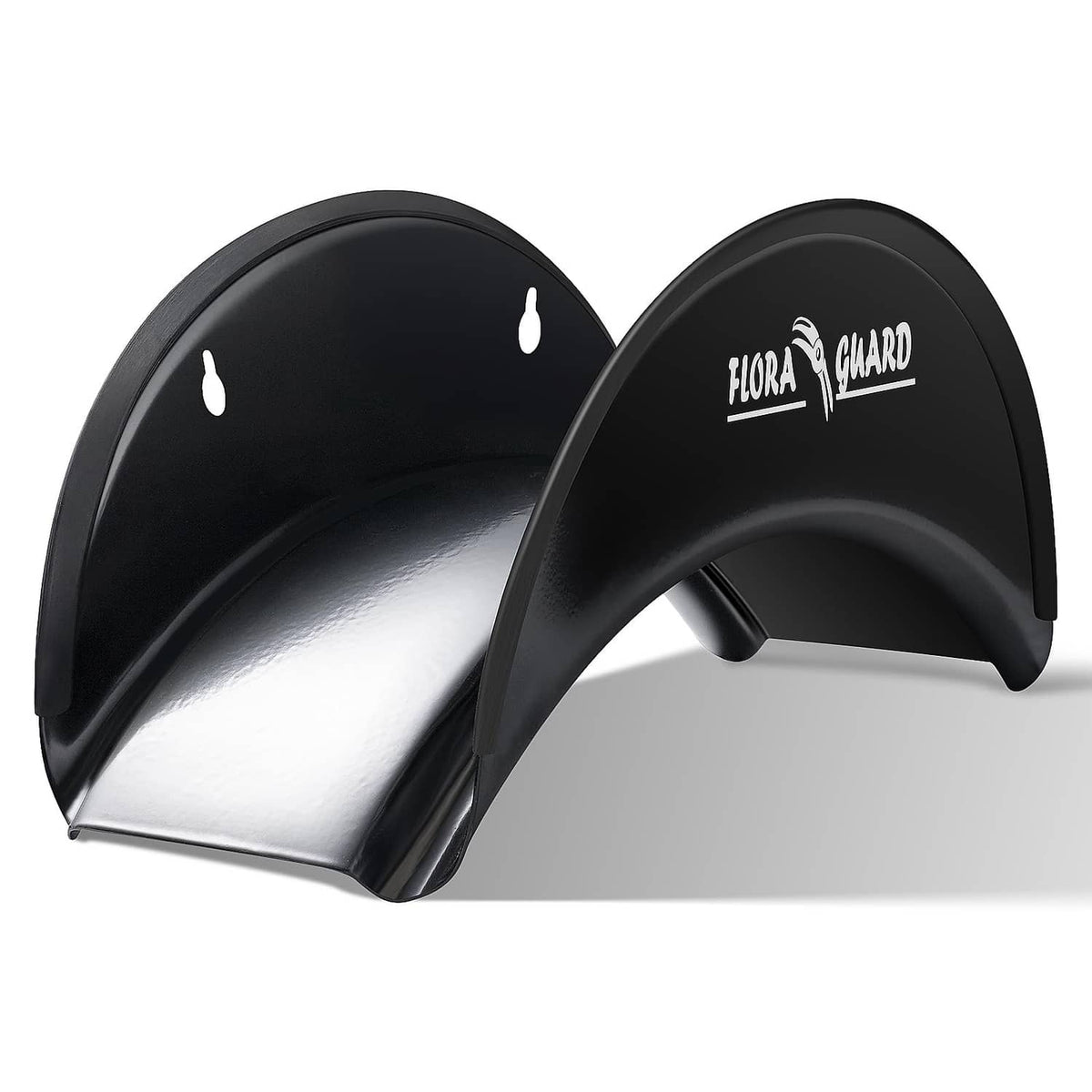 Black heavy-duty metal hose hanger with curved cradle and wall-mount brackets