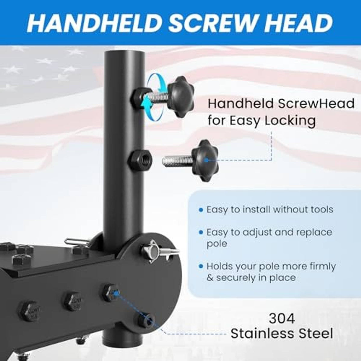 Black flagpole mount with handheld screw head for easy locking of the pole tubes