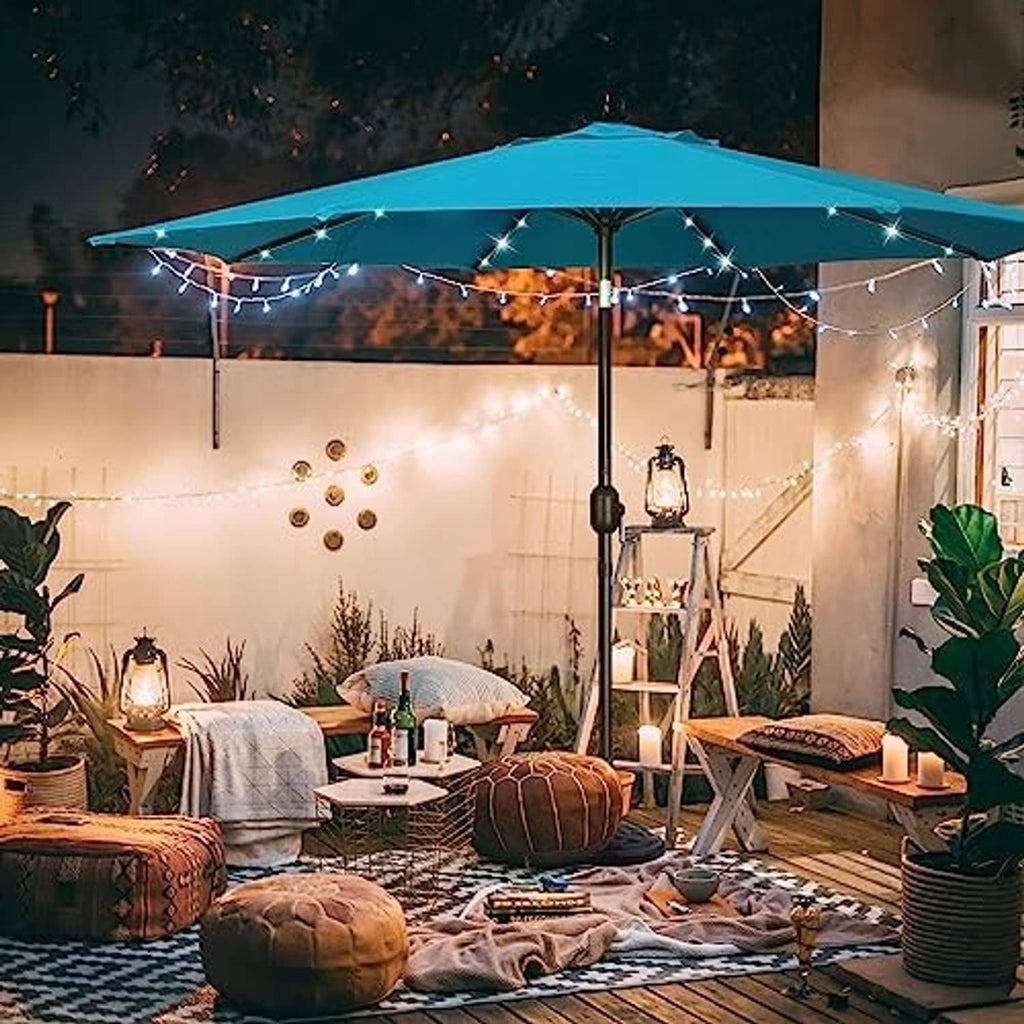Cerulean patio umbrella with LED lights and solar pole for outdoor seating