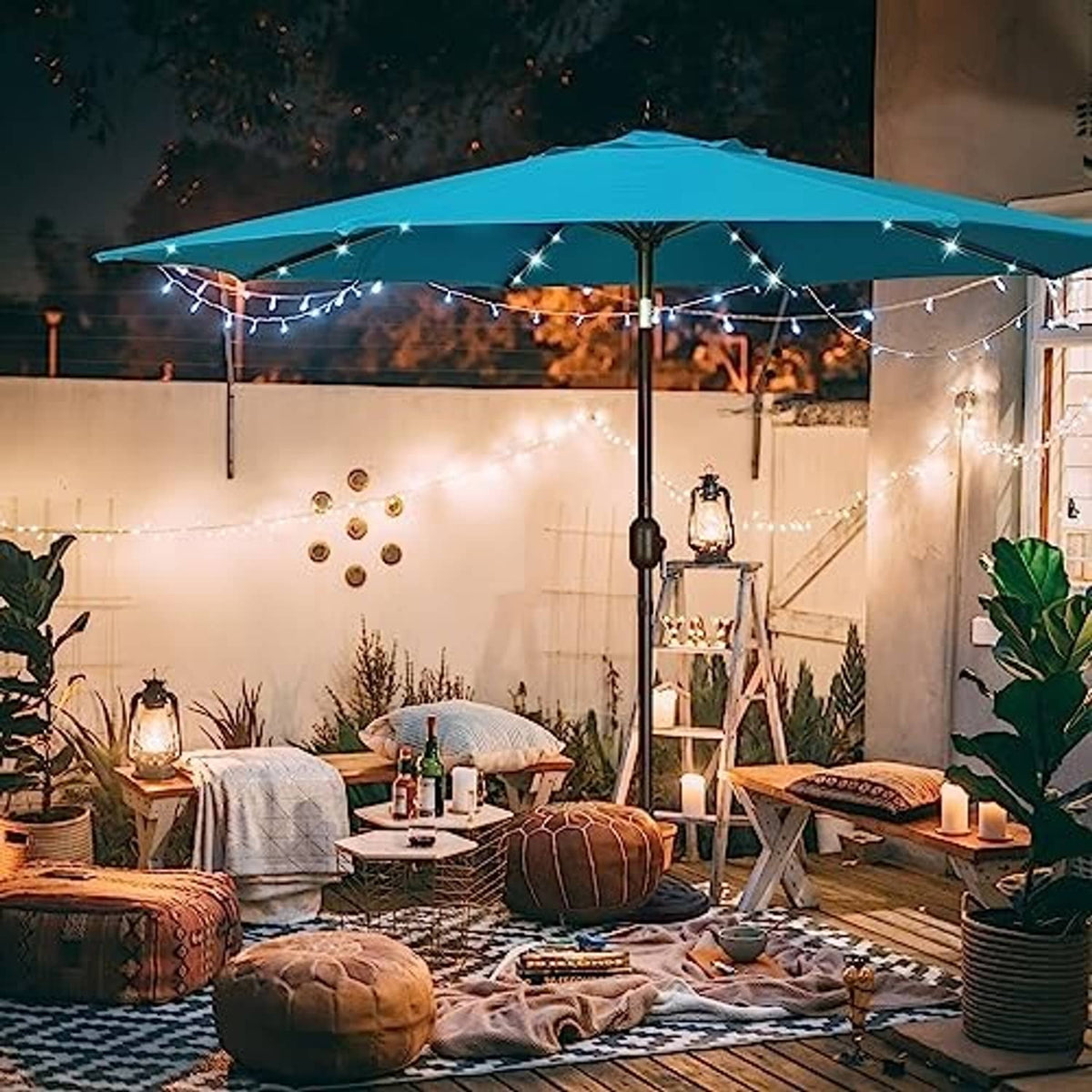 Cerulean patio umbrella with LED lights and solar pole for outdoor seating