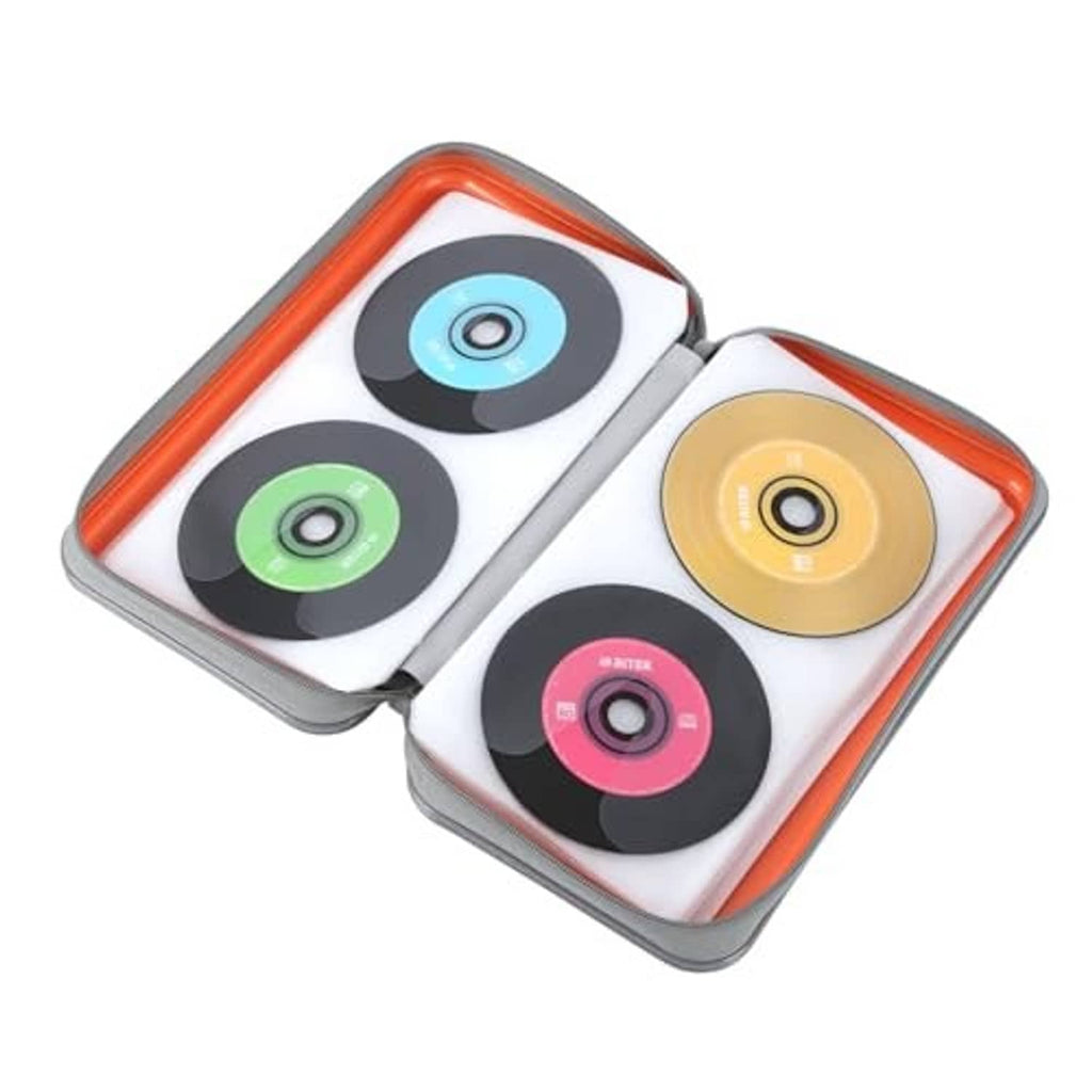 Orange CD/DVD storage case showing discs inside with colored labels