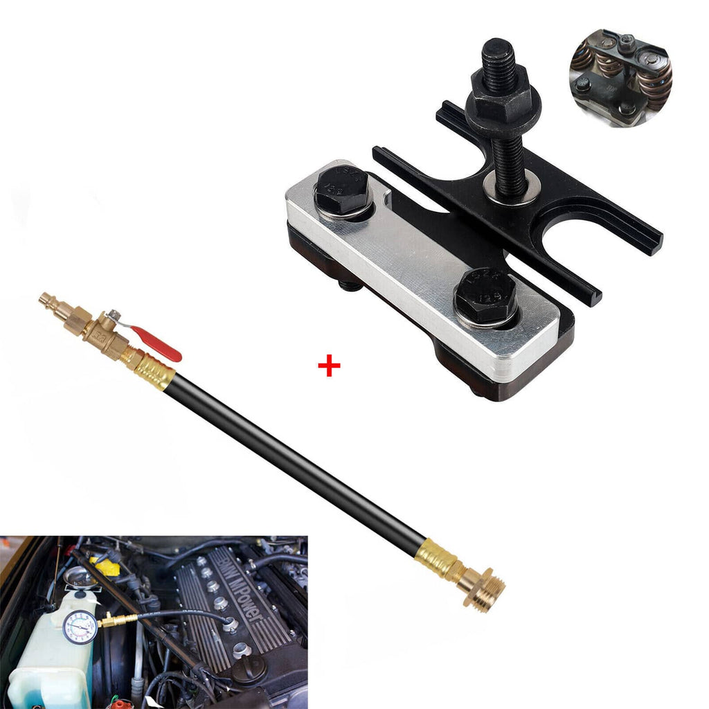 Valve spring compressor tool with black screws and air hose with brass end fittings