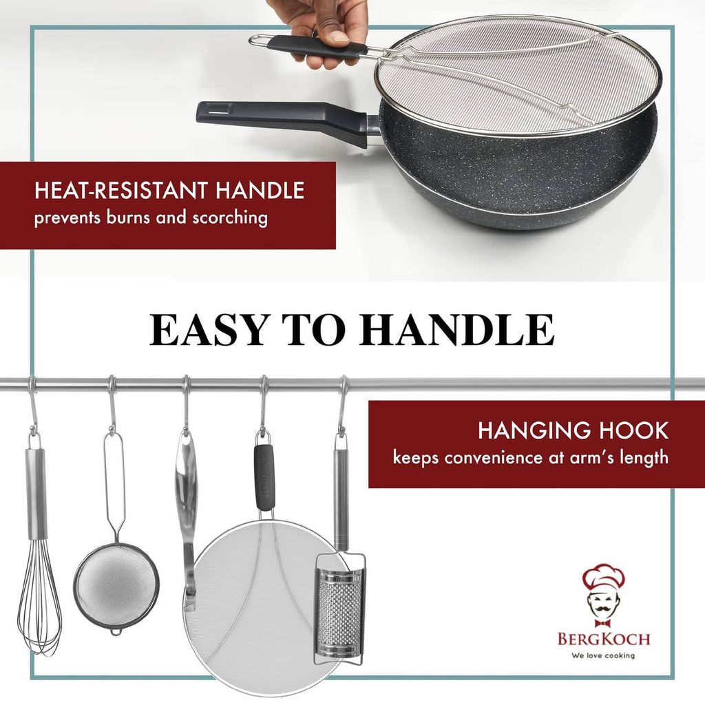 Splatter screen with heat-resistant handle and hanging hook for storage.