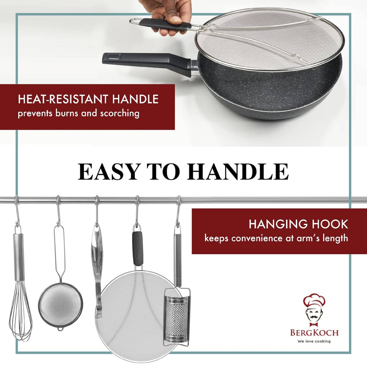 Splatter screen with heat-resistant handle and hanging hook for storage.