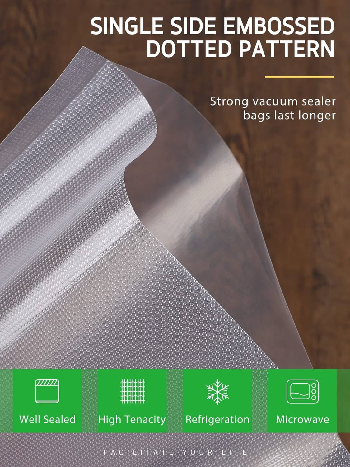 Vacuum sealer bag film with single-side embossed dotted texture, clear and sealed