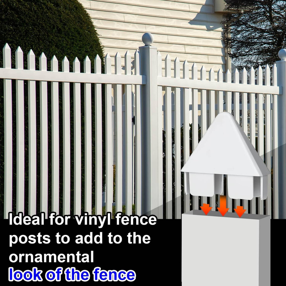 White vinyl round-top fence cap fitting on a fence post for decoration
