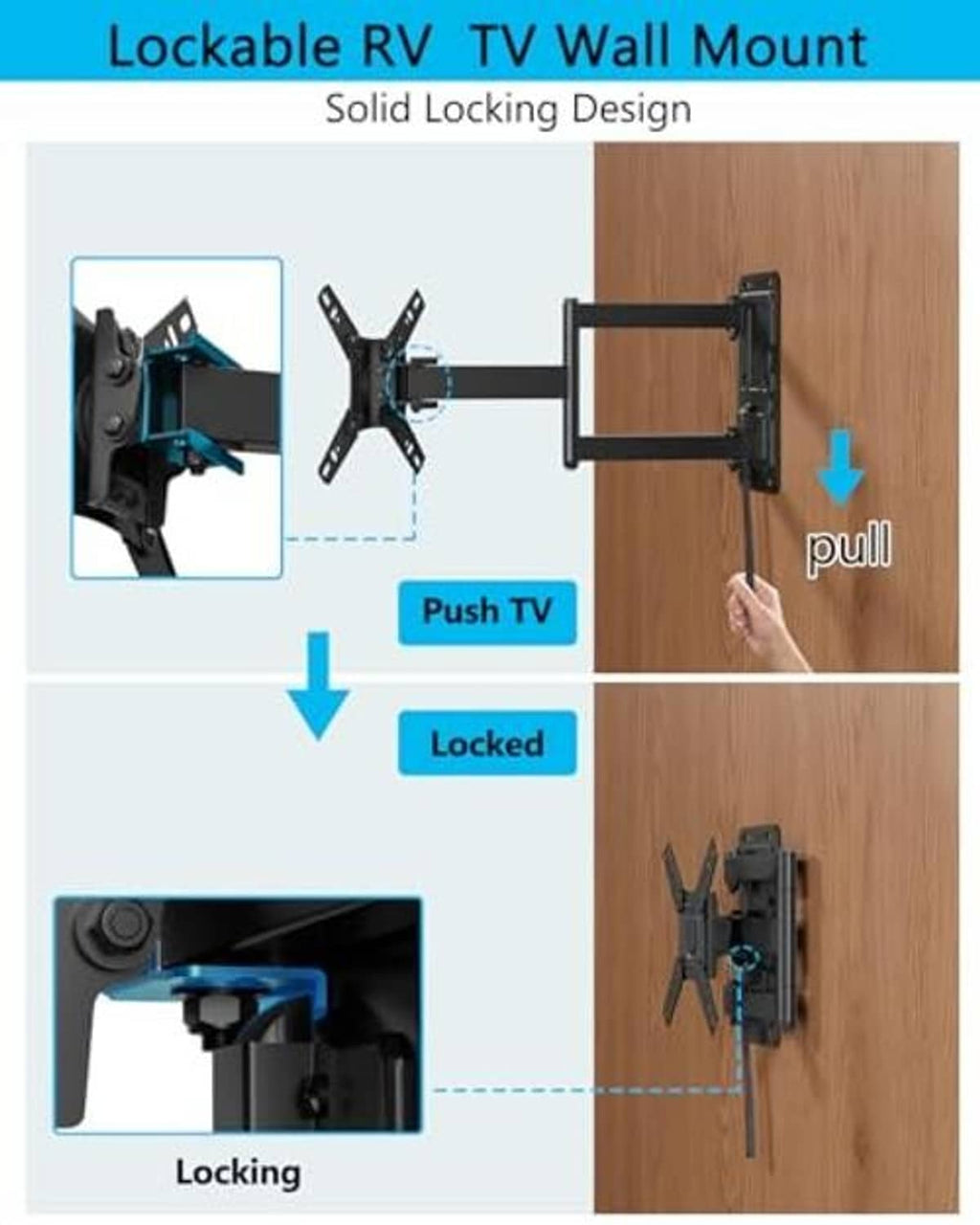 Lockable RV TV wall mount with push-and-lock mechanism and wall mounting bracket