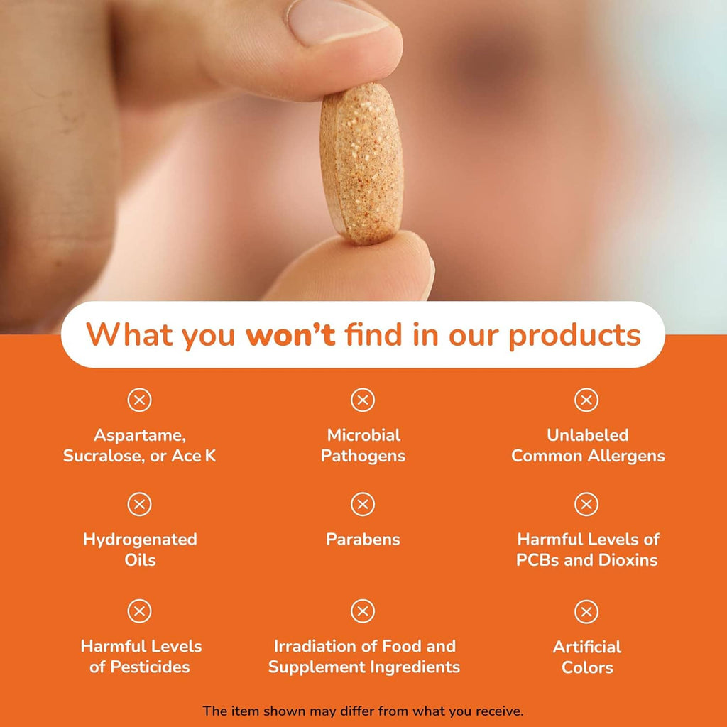 Ingredients avoided list on text graphic showing no artificial colors, allergens, parabens