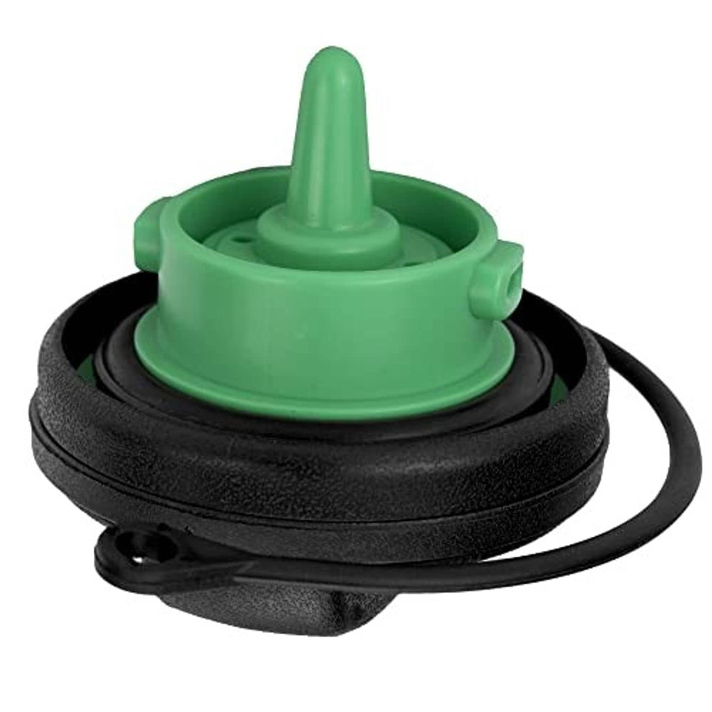 Fuel tank gas cap with green funnel insert and black rubber seal