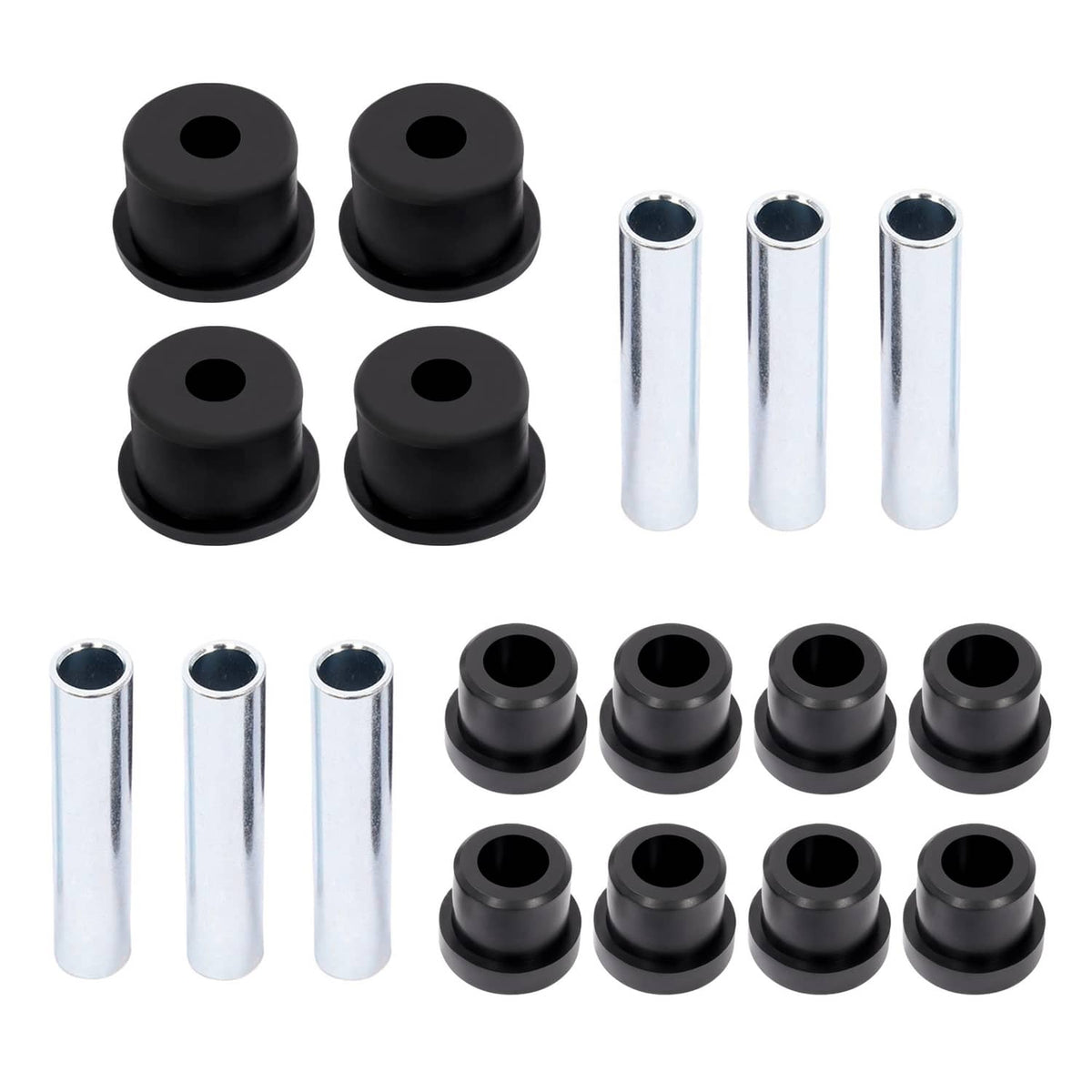 Golf cart rear leaf spring bushing set with black bushings and silver metal pins/sleeves