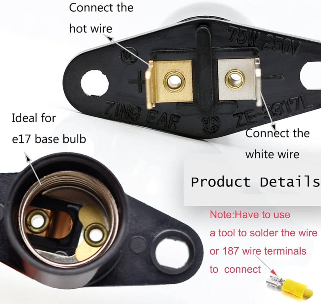 Black E17 lamp holder socket with brass screw terminals for wire connection