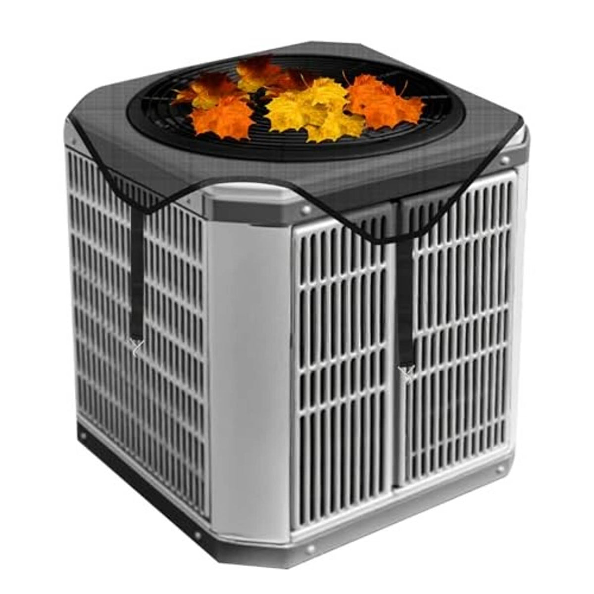 Black mesh cover for outdoor AC unit with top cutout and front corner opening
