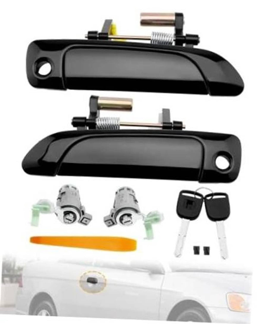 Black exterior door handle pair with lock cylinder, keys, and mounting hardware