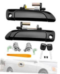 Black exterior door handle pair with lock cylinder, keys, and mounting hardware