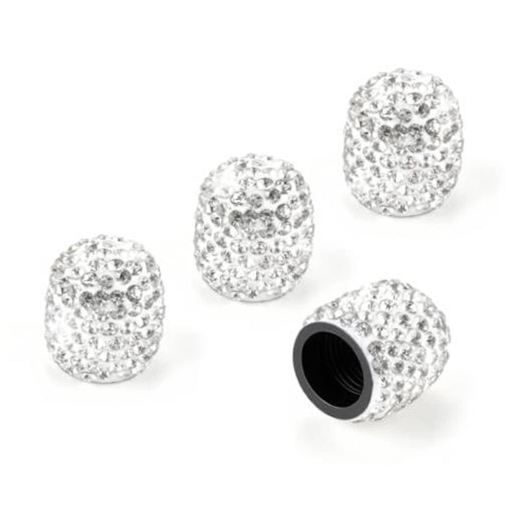 Rhinestone tire valve stem cap set, white crystal sparkle with silver-tone base