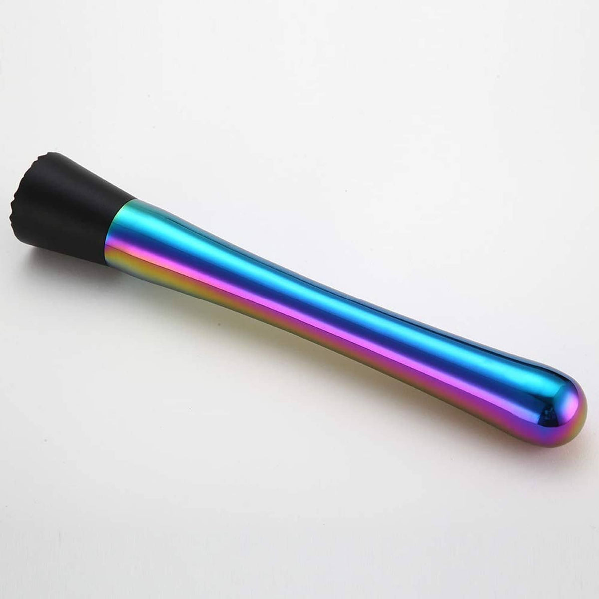 Iridescent cocktail muddler with black rubber grip and tapered metal handle