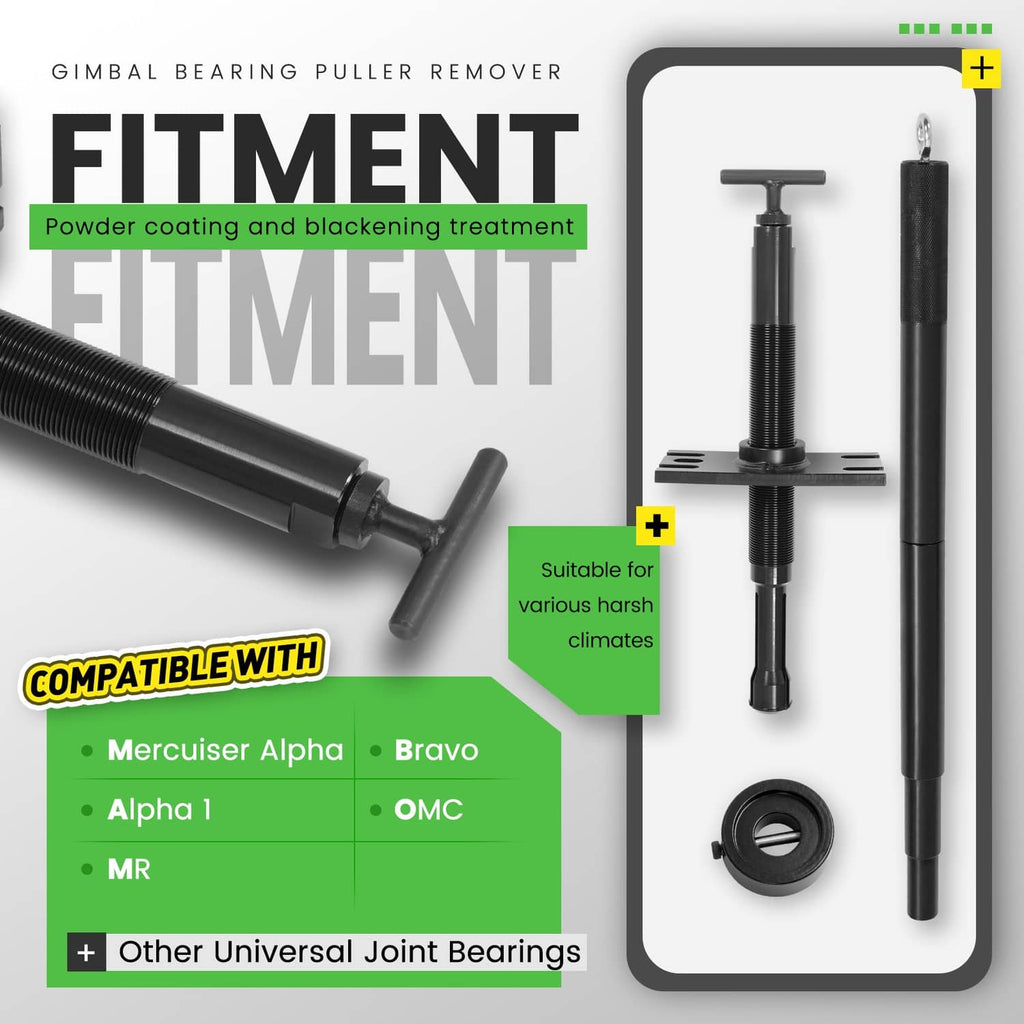 Gimbal bearing puller remover kit with black threaded shafts and bearing mounting rings