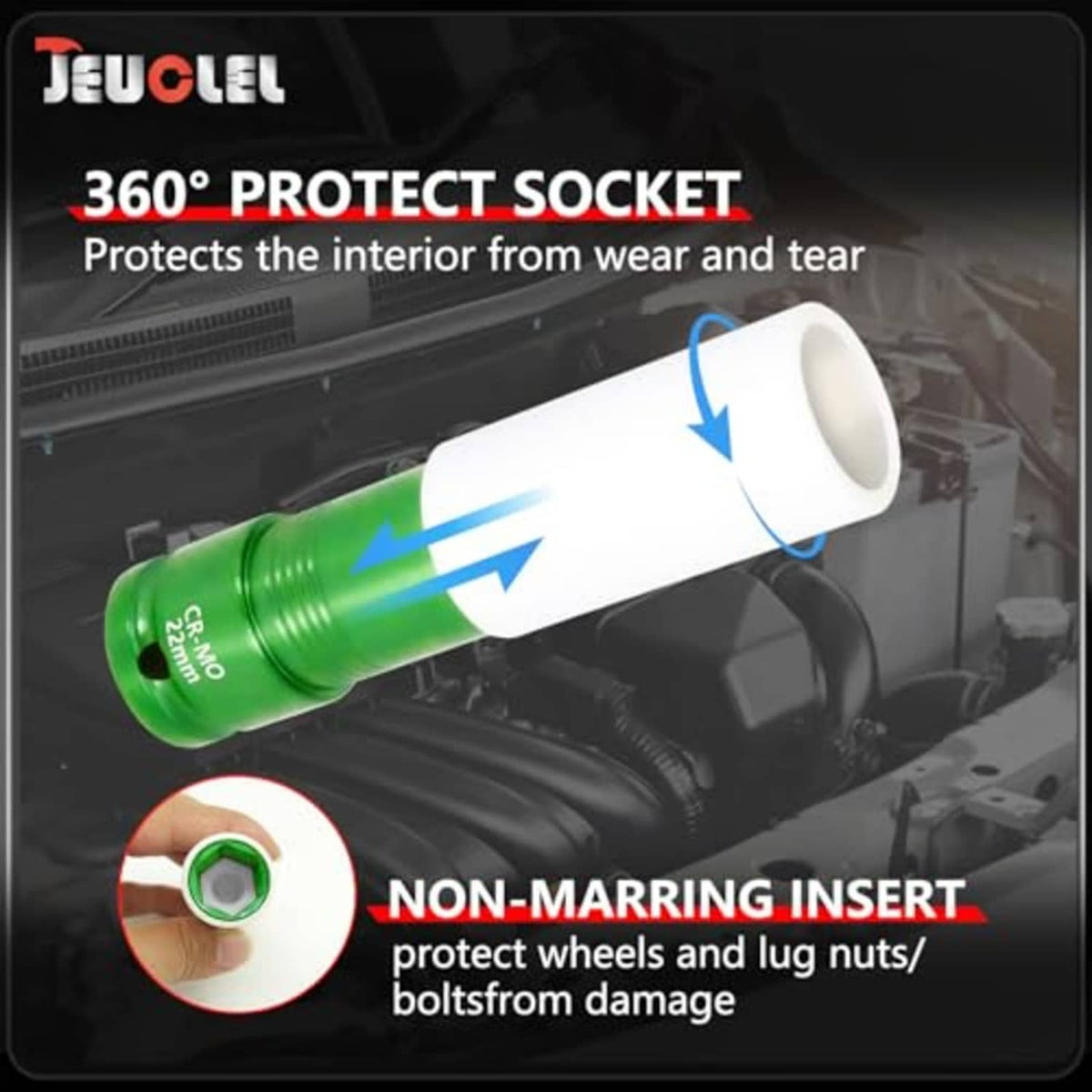 Wheel protector impact socket sleeve with green insert ring and white outer body