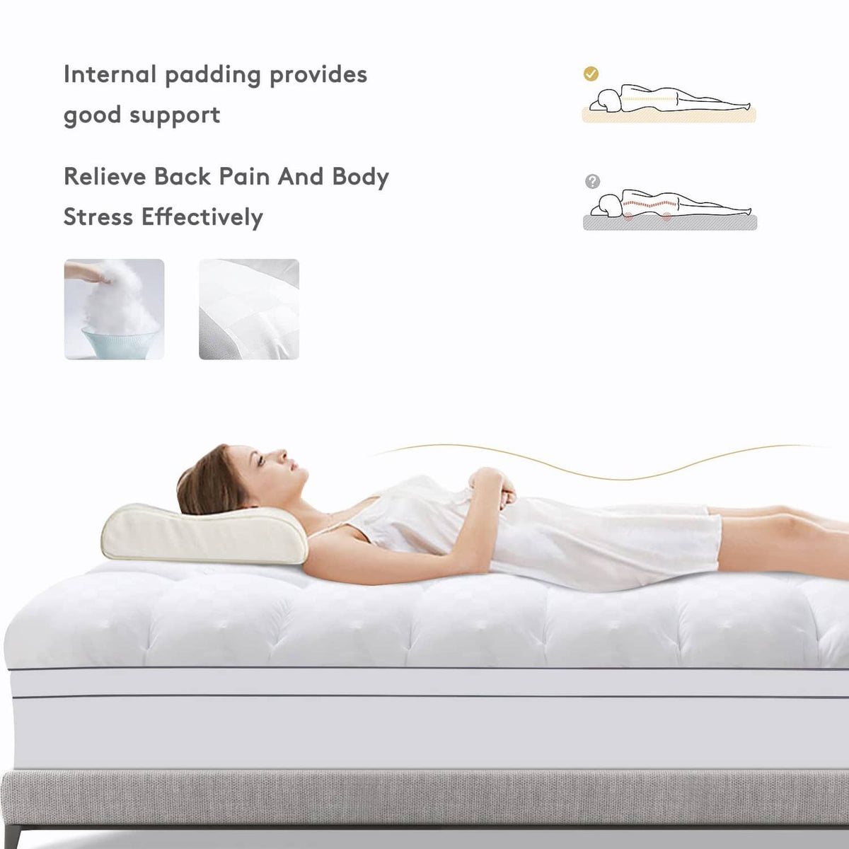 White mattress topper pad with supportive internal padding for back and body