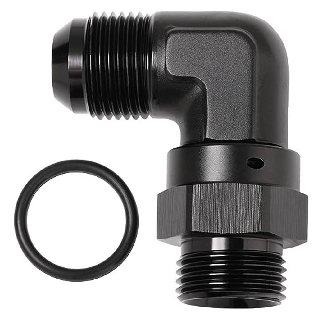 Black 90-degree ORB elbow fitting with O-ring seal and side set screw hole