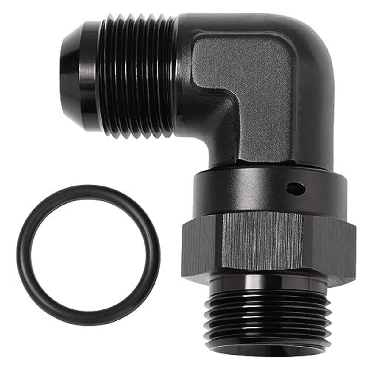 Black 90-degree ORB elbow fitting with O-ring seal and side set screw hole