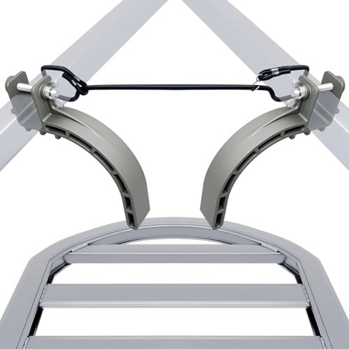 Grey tree stand stirrup pair with metal brackets and black strap bar