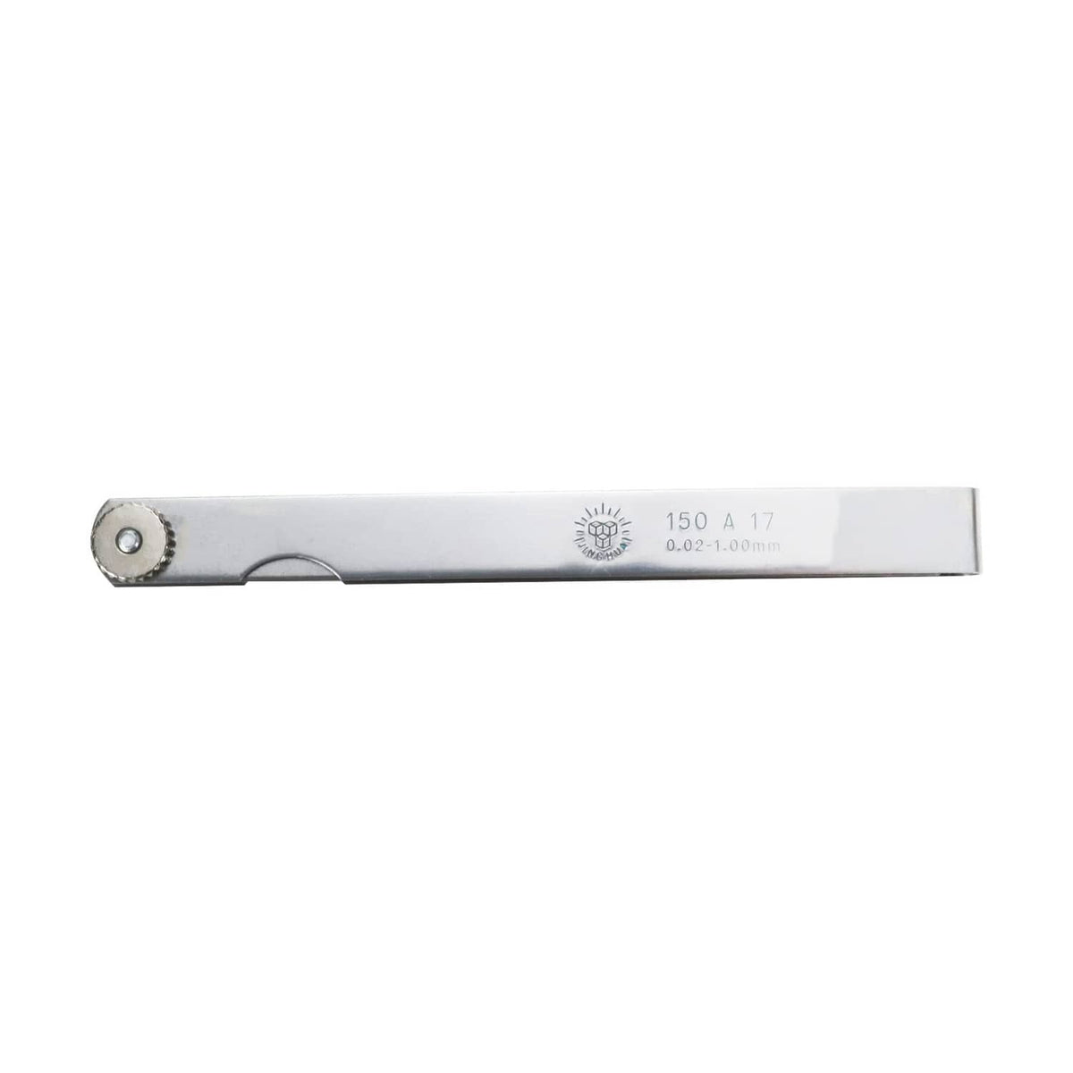 Feeler gauge blade with 0.02–1.00 mm markings and circular pivot end