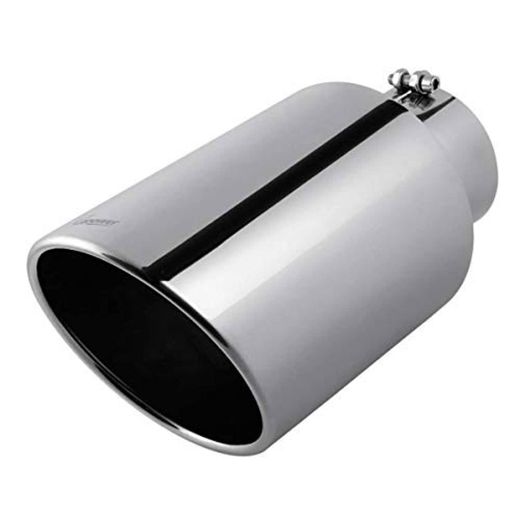 Mirror-polished chrome exhaust tip with black inner outlet and top mounting clamp