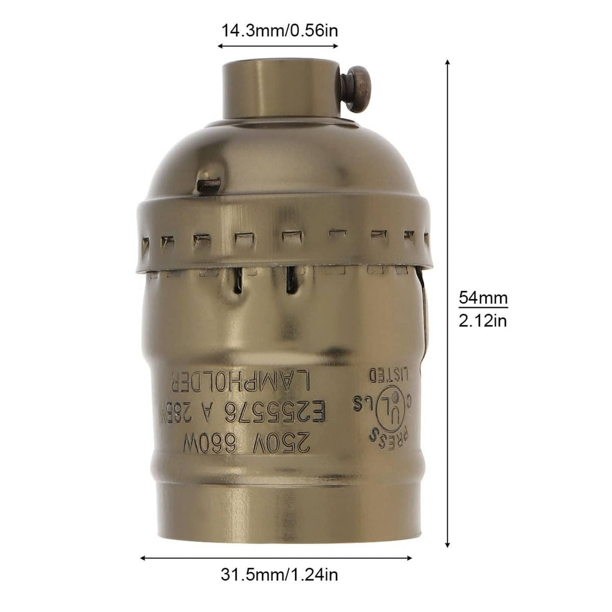 Brass-colored E26/E27 lamp socket replacement, metal holder with mounting base
