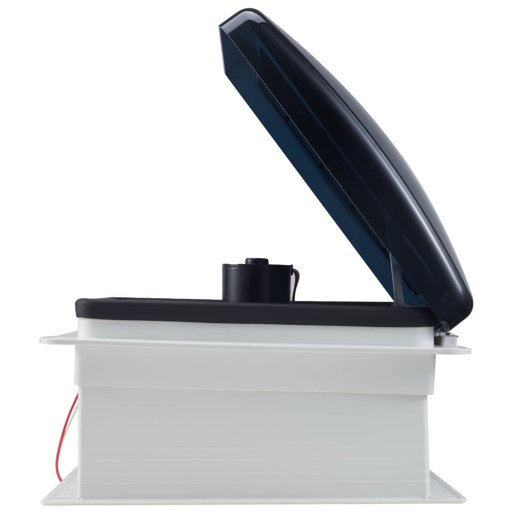 RV roof vent fan with raised vent lid, white housing, dark blue cover.