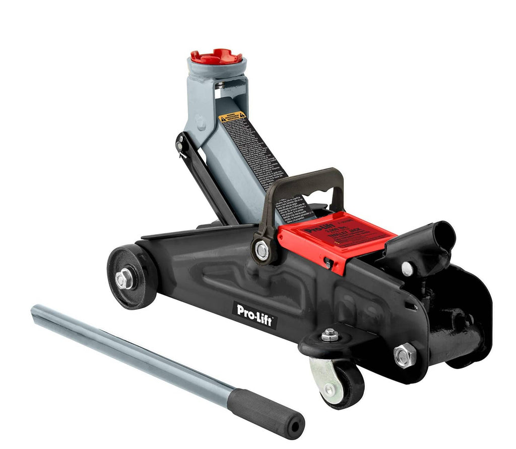 Hydraulic trolley car jack, black body with red saddle and gray lift arm