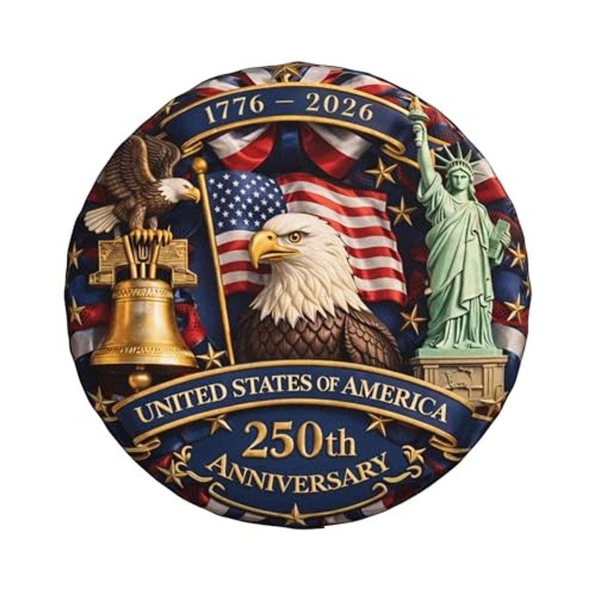 14-inch spare tire cover with bald eagle, U.S. flag, and 1776–2026 banner